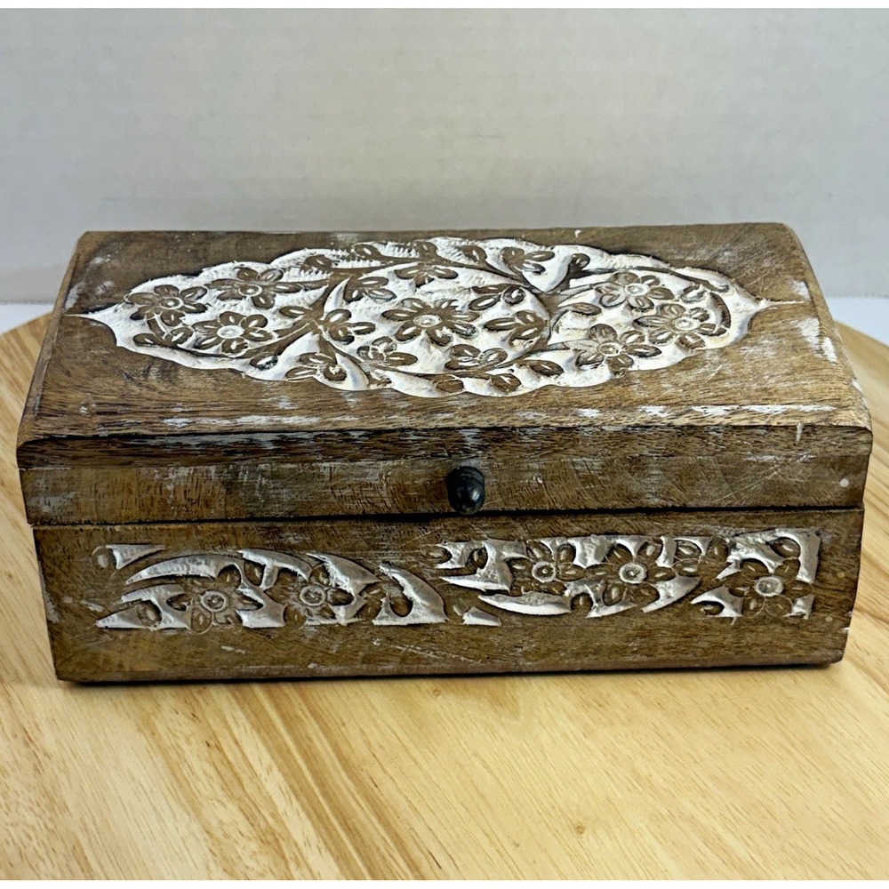 Deco 79 Boho Hand Carved Mango Wood Floral Keepsake Trinket Box 8x4 30985
